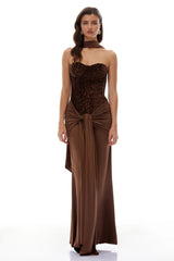 Christine Brown Off Shoulder Draped Maxi Dress