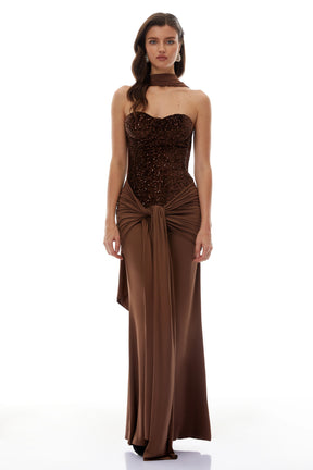 Christine Brown Off Shoulder Draped Maxi Dress