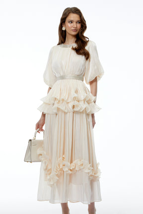 Chryseis Cream Round Neck Ruffled Maxi Dress