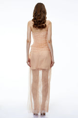Ciel Neutral Asymmetrical Slit Ruched Maxi Dress