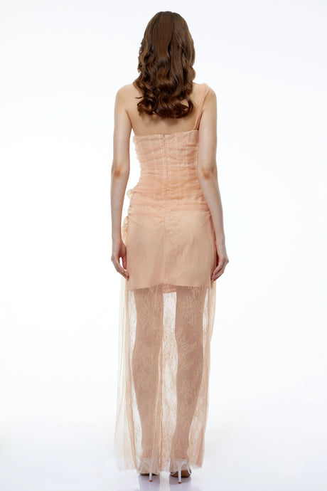 Ciel Neutral Asymmetrical Slit Ruched Maxi Dress