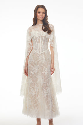 Cinzia Beige Sweetheart Lace Maxi Dress
