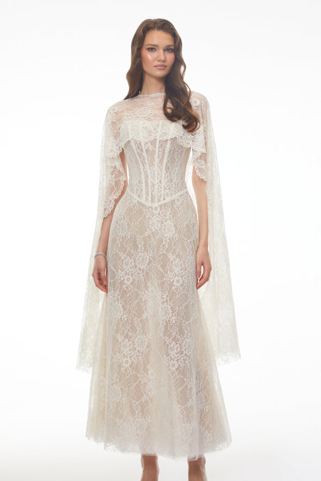 Cinzia Beige Sweetheart Lace Maxi Dress