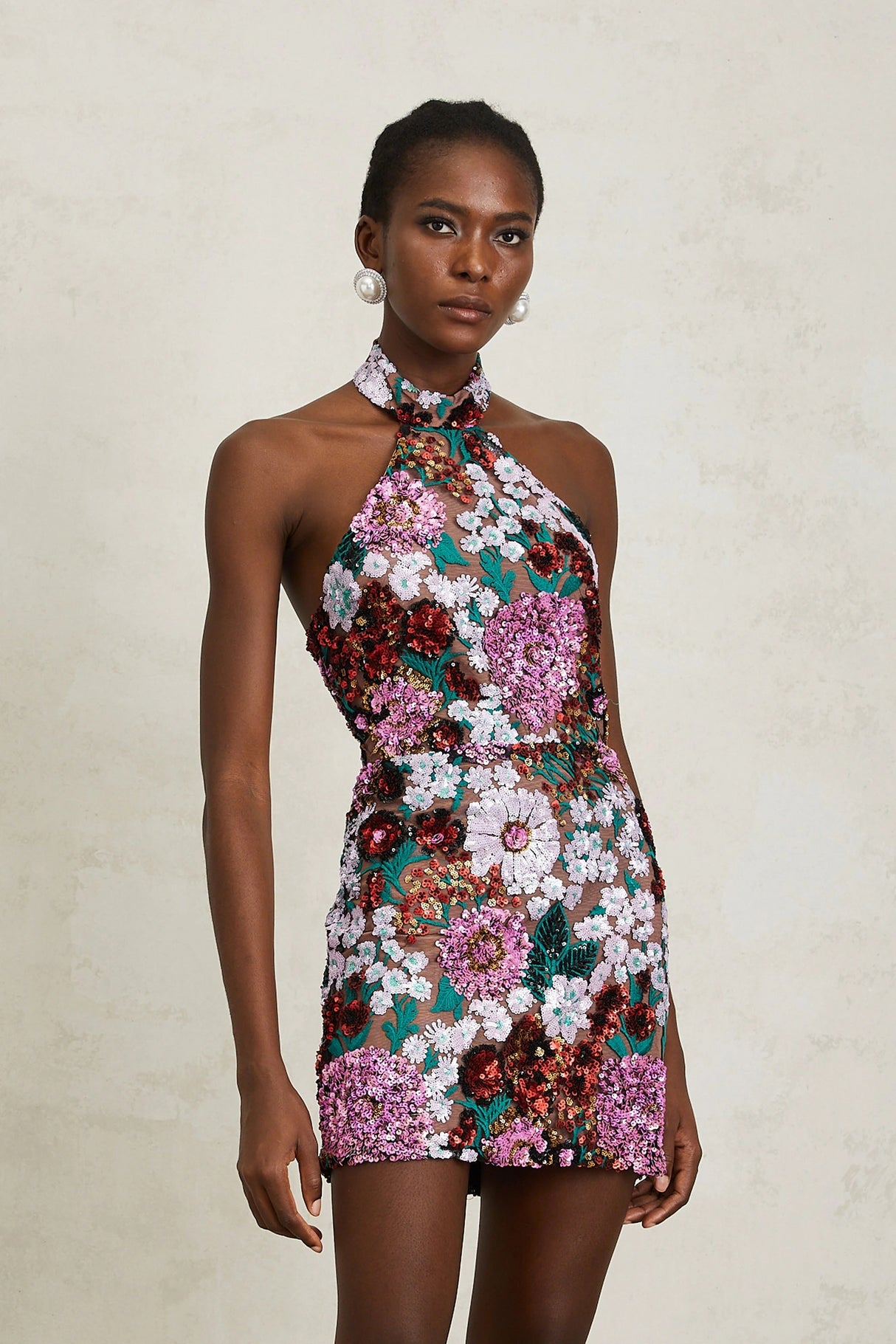Clara Purple Sequined Floral Embroidered Mini Dress