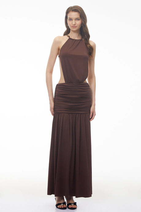 Claudia Brown Halterneck Ruched Maxi Dress
