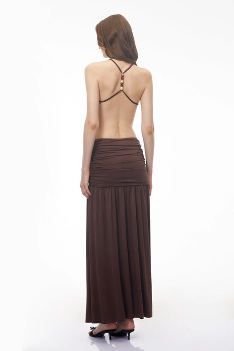 Claudia Brown Halterneck Ruched Maxi Dress