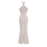 Claudine white embellished halterneck maxi dress