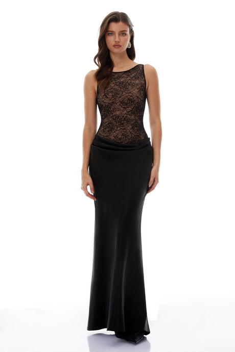 Clementine Black Floral Lace Corset Maxi Dress