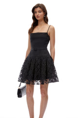 Constance Black Ruched Lace Mini Dress