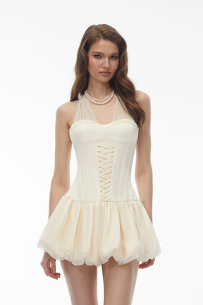 Constance Neutral Halterneck Oraganza Panel Satin Mini Dress