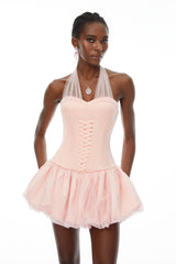 Constance Pink Halterneck Oraganza Panel Satin Mini Dress