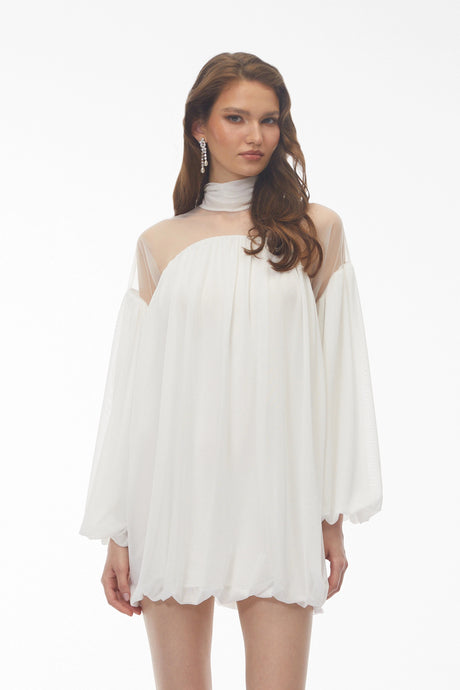 Constance White Tulle Puffball Mini Dress with Ribbon