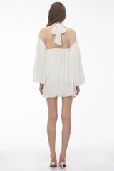 Constance White Tulle Puffball Mini Dress with Ribbon