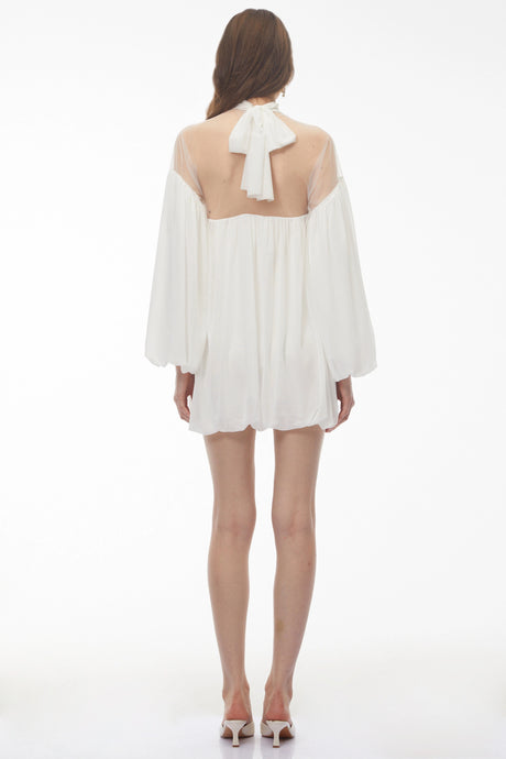 Constance White Tulle Puffball Mini Dress with Ribbon