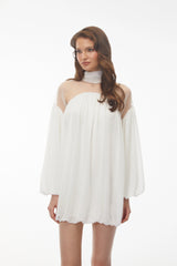 Constance White Tulle Puffball Mini Dress with Ribbon