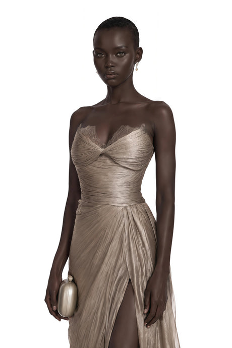 Constanza Brown Off Shoulder Ruched Maxi Dress