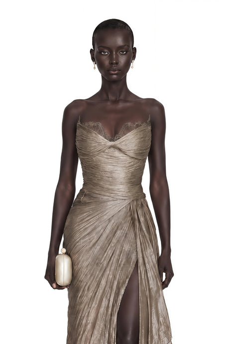 Constanza Brown Off Shoulder Ruched Maxi Dress