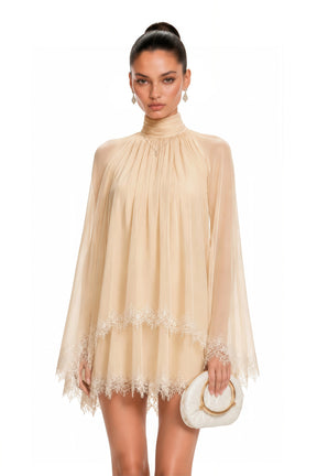 Consuela Neutral Pleated Mini Dress with Lace Trim