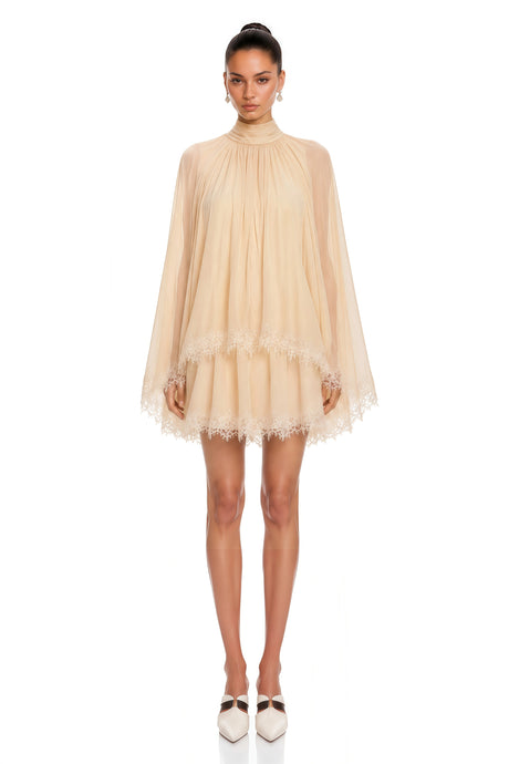 Consuela Neutral Pleated Mini Dress with Lace Trim