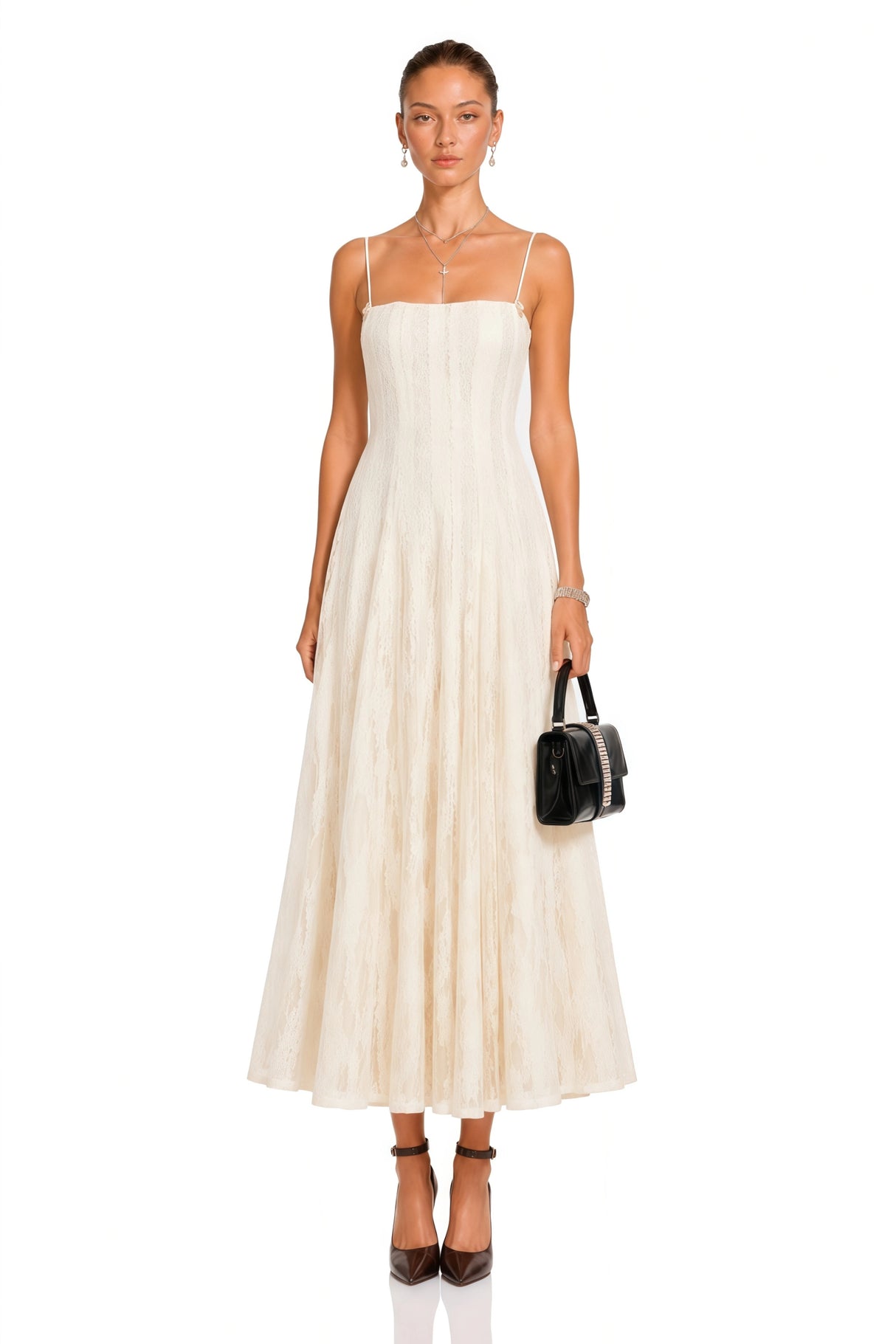 Coralie White Pleated Lace Midi Dress