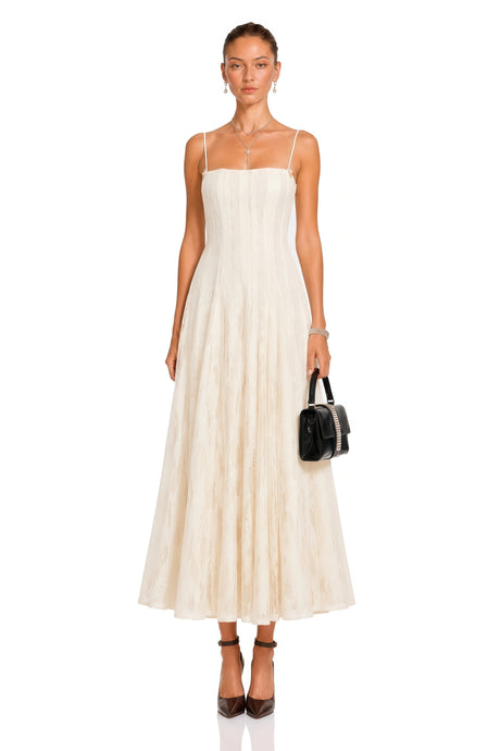Coralie White Pleated Lace Midi Dress
