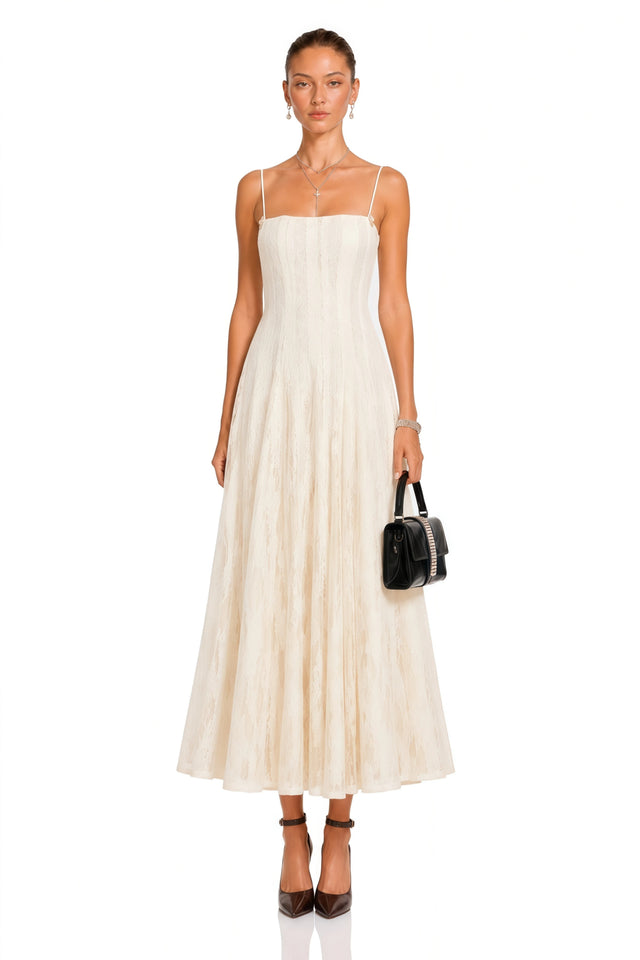 Coralie White Pleated Lace Midi Dress