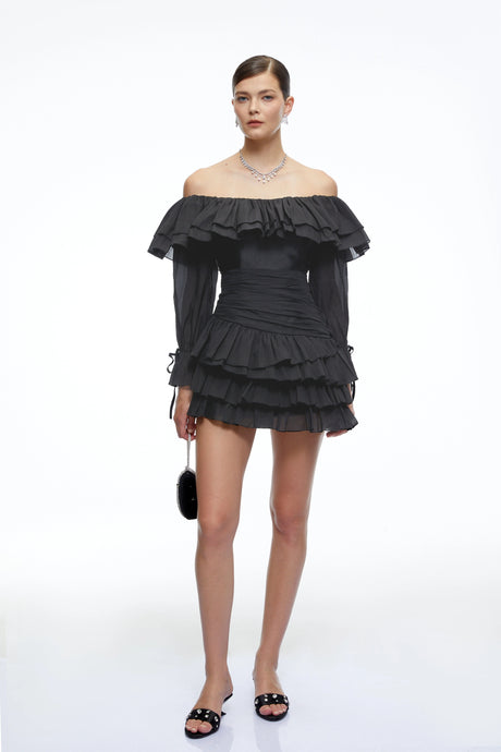 Cordelia Black Off Shoulder Ruffled Mini Dress