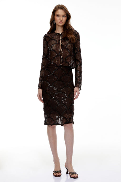 Cordelia Chocolate Brown Lace Top  Skirt Set