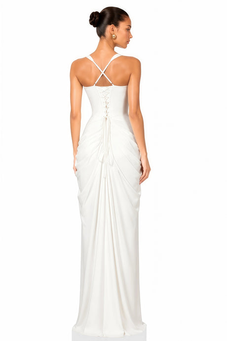 Cordelia White Ruched Bust Maxi Dress with Slit