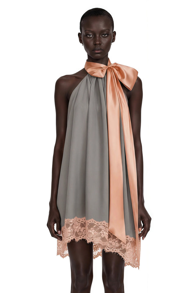 Cornelia Grey Asymmetrical Mini Dress with Bow Detail