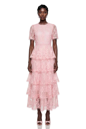 Cressida Pink Floral Embroidered Tiered Maxi Dress