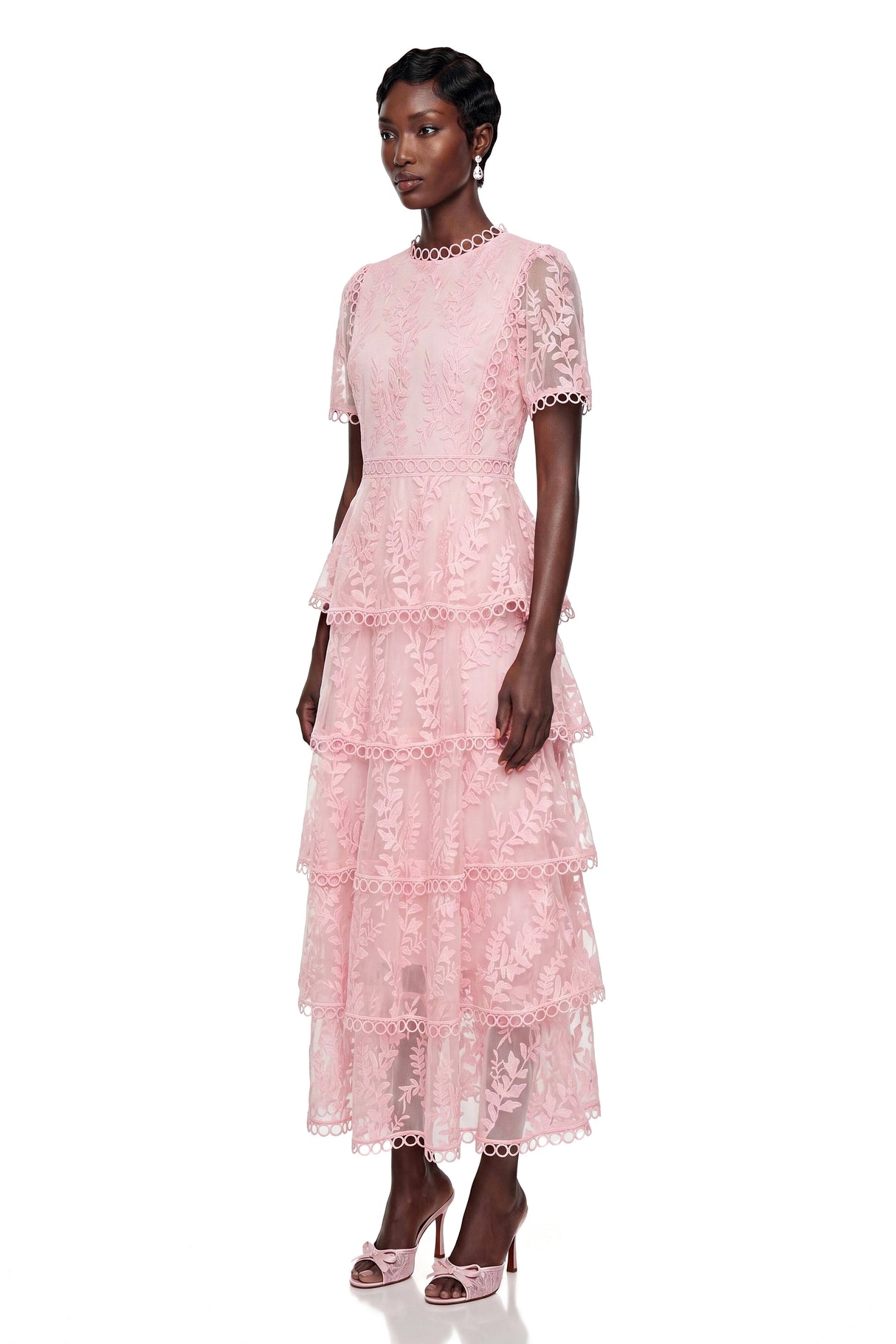 Cressida Pink Floral Embroidered Tiered Maxi Dress