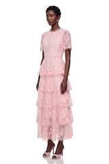 Cressida Pink Floral Embroidered Tiered Maxi Dress
