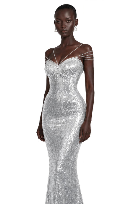Cressida Silver Sparkly Embellished Maxi Dress