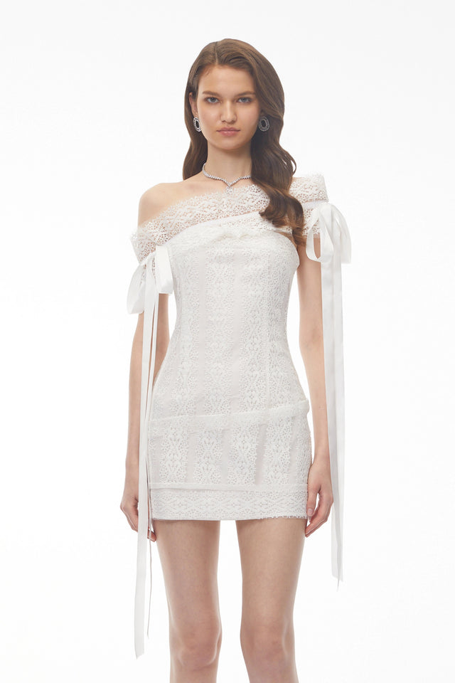 Sabrina Mini Dress White One Shoulder Lace with Cut-Outs and Bow