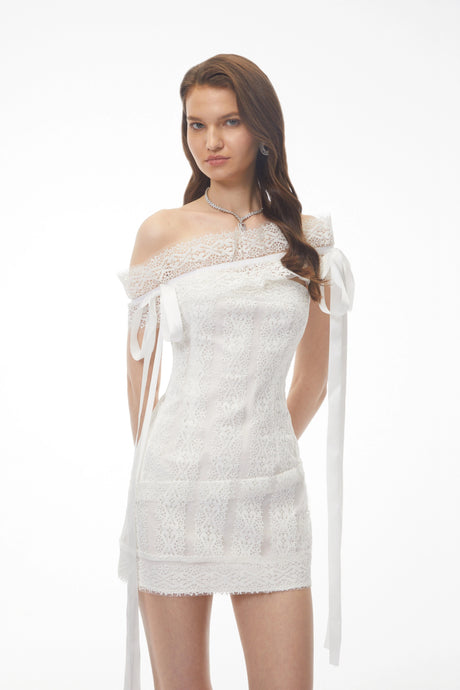 Cressida White One Shoulder Lace Mini Dress with CutOuts and Bow