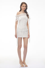 Cressida White One Shoulder Lace Mini Dress with CutOuts and Bow