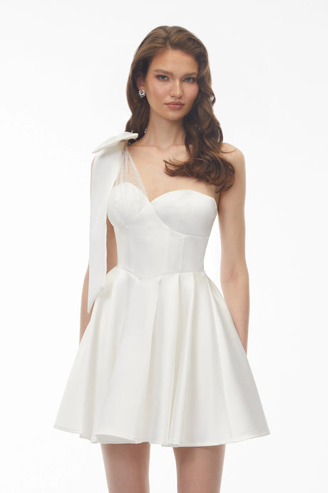 Cressida White One Shoulder Lace Panel Mini Dress with Bow