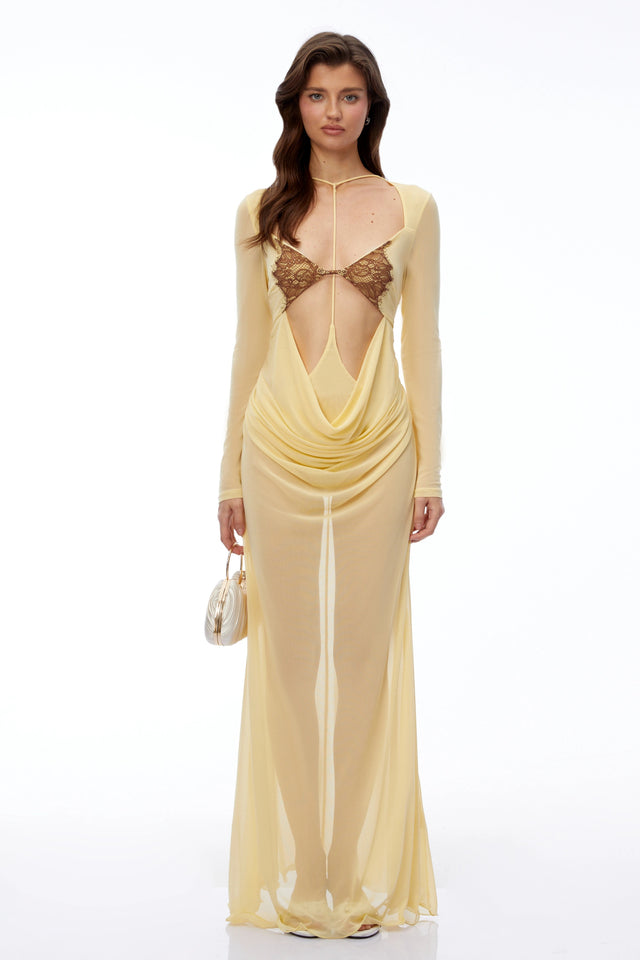 Khloe Maxi Dress Yellow Cut-Out Semi-Sheer Fishtail