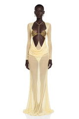 Cressida Yellow CutOut SemiSheer Fishtail Maxi Dress