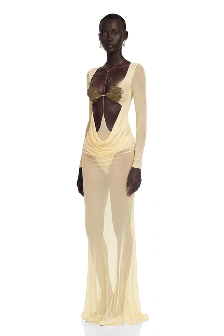 Cressida Yellow CutOut SemiSheer Fishtail Maxi Dress