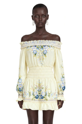Crystal Yellow Off Shoulder Floral Print Mini Dress