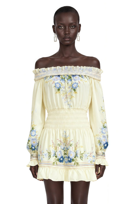 Crystal Yellow Off Shoulder Floral Print Mini Dress