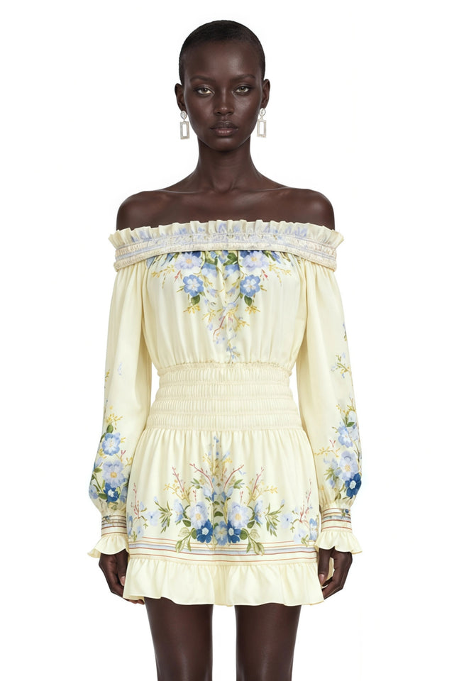 Crystal Yellow Off Shoulder Floral Print Mini Dress