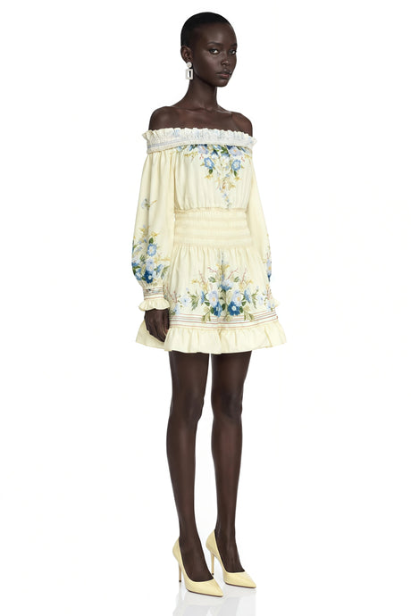 Crystal Yellow Off Shoulder Floral Print Mini Dress