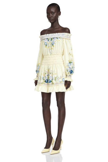 Crystal Yellow Off Shoulder Floral Print Mini Dress