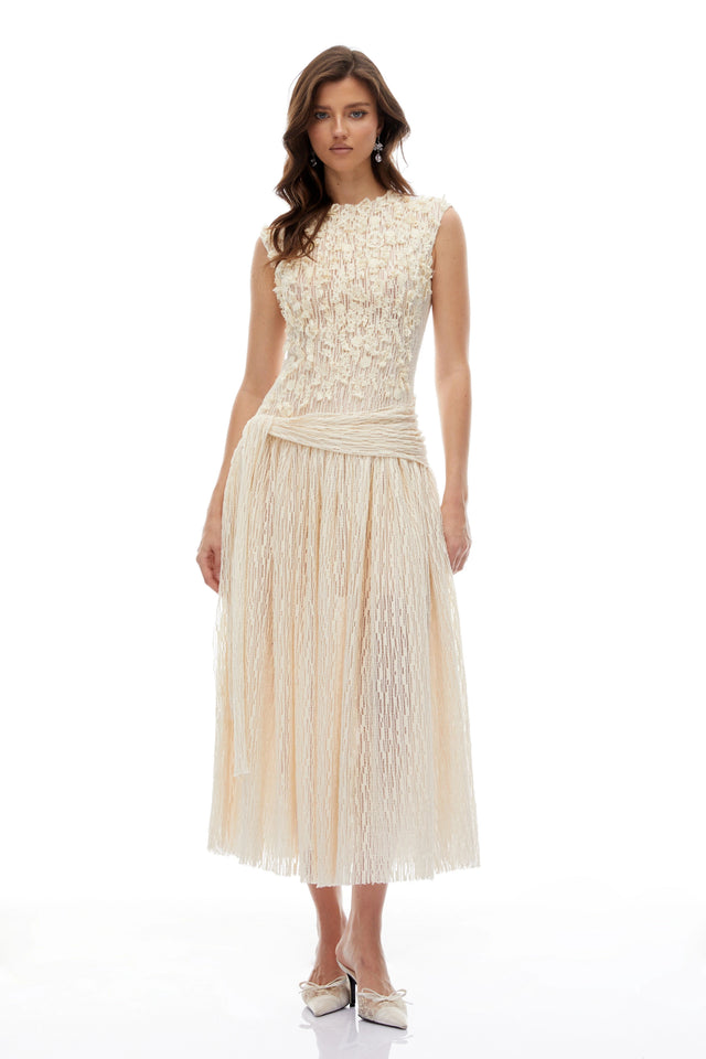 Clementina Midi Dress Neutrals 3D Petal Textured