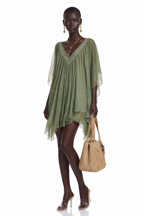 Cyrielle Emerald Green Chiffon Cape Mini Dress
