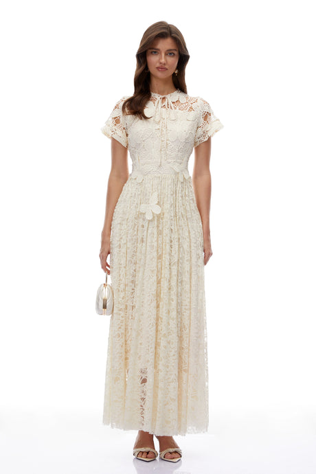 Dahlia White Floral Lace Maxi Dress with Butterfly Applique
