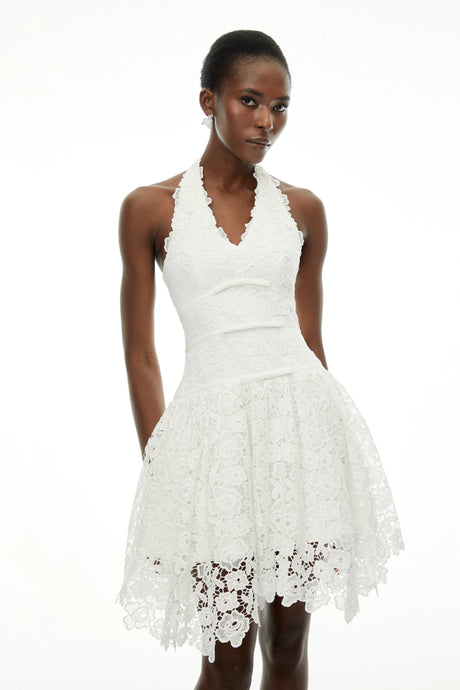 Daisy White VNeck Floral Lace Mini Dress with Bow